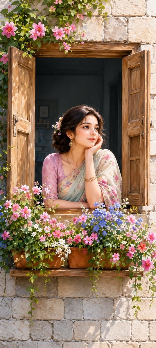 A beautiful young South Asian woman leaning on a rustic wooden window of a vintage stone …