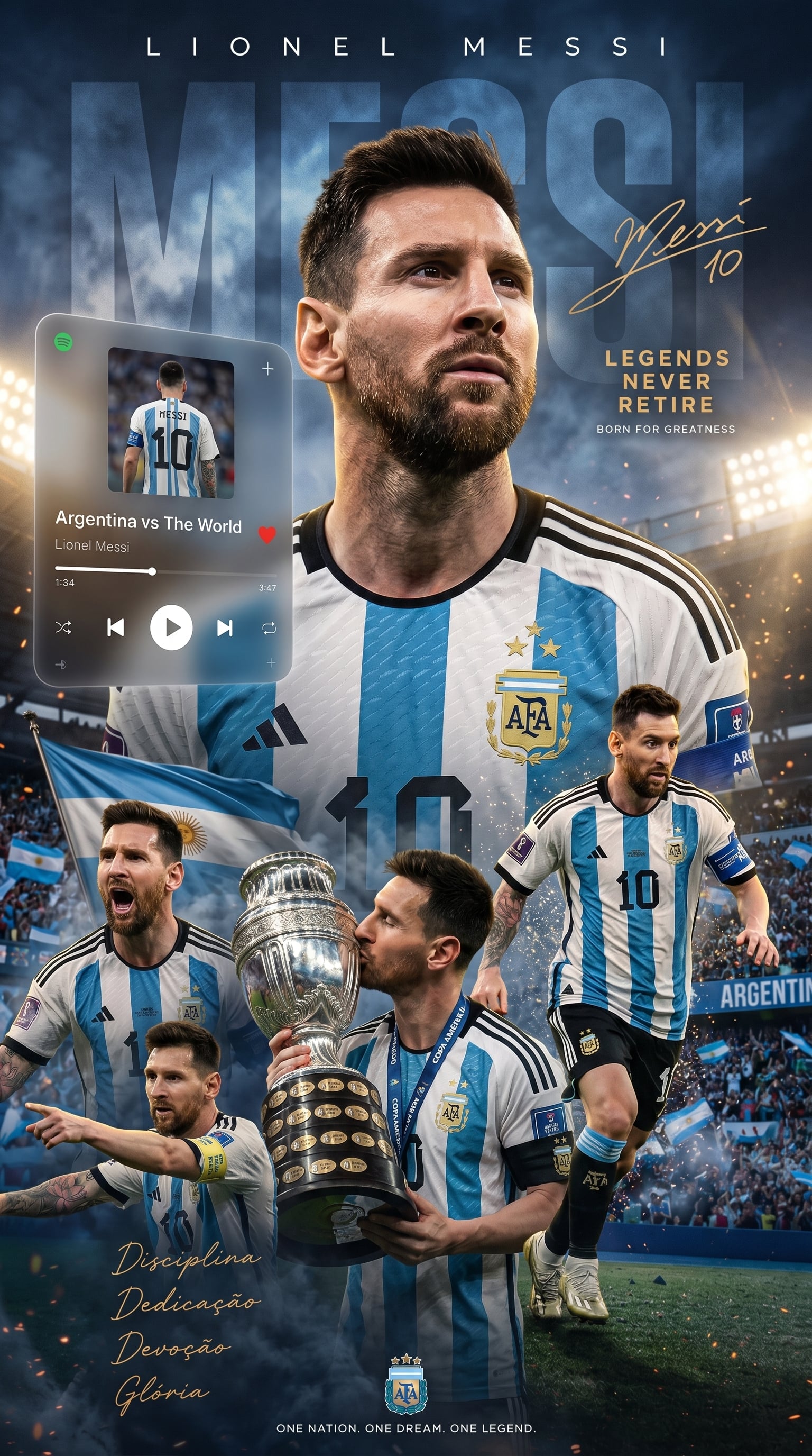 Create an ultra-realistic 8K football legend wallpaper in a premium Spotify × Apple Music…