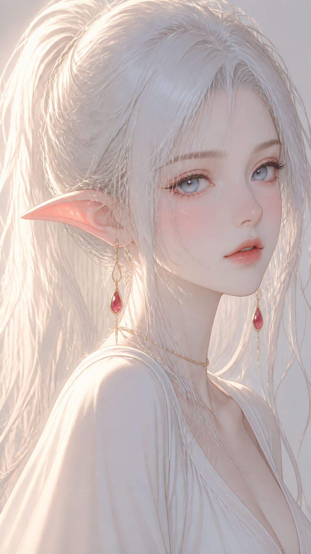 vertical 9:16 bust close-up, delicate korean semi-realistic anime elf girl, silky silvery…