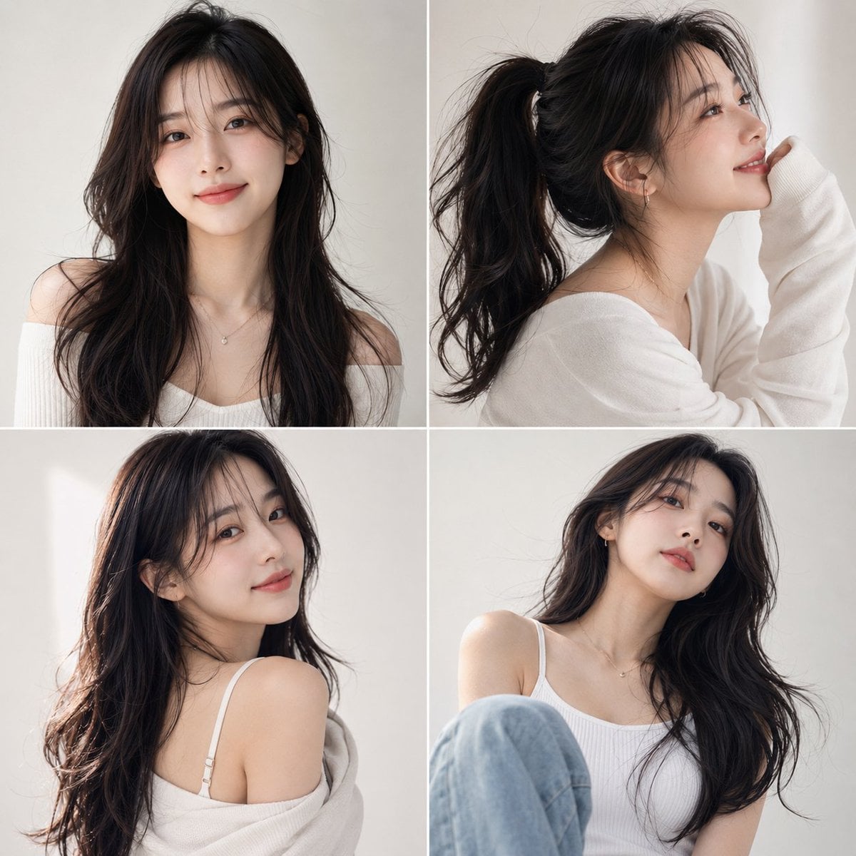 Photorealistic Korean beauty portrait of a cute young woman with long wavy dark hair and …