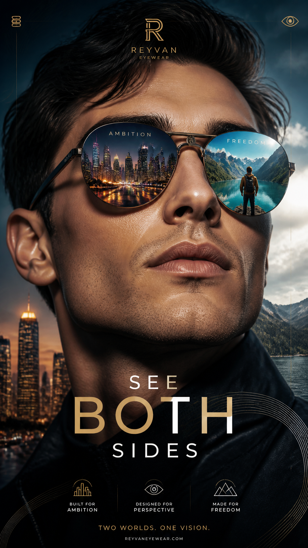 A premium 9:16 eyewear advertising poster.Main Subject: