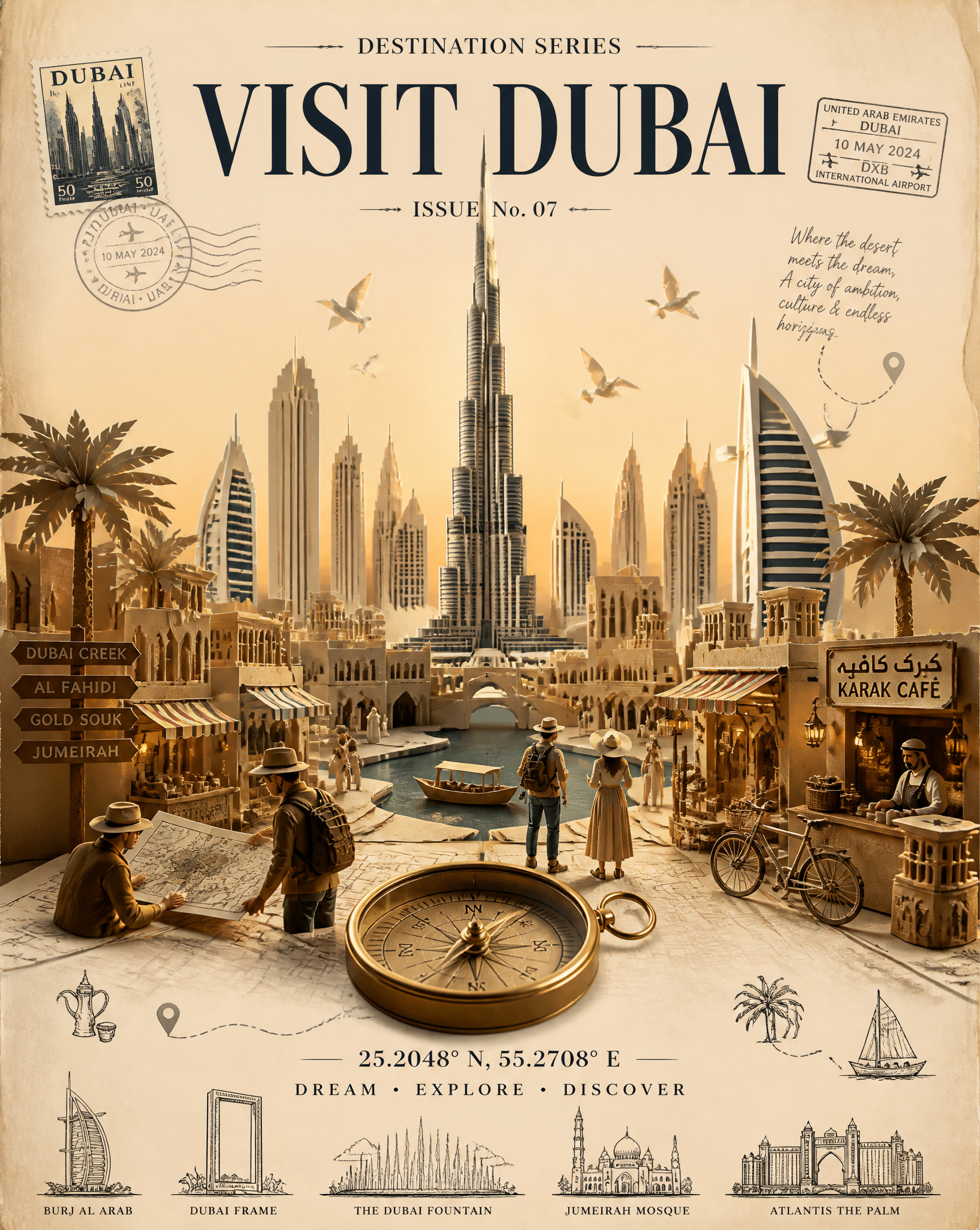 Create a premium vintage travel magazine cover poster for Dubai in a vertical 4:5 composi…