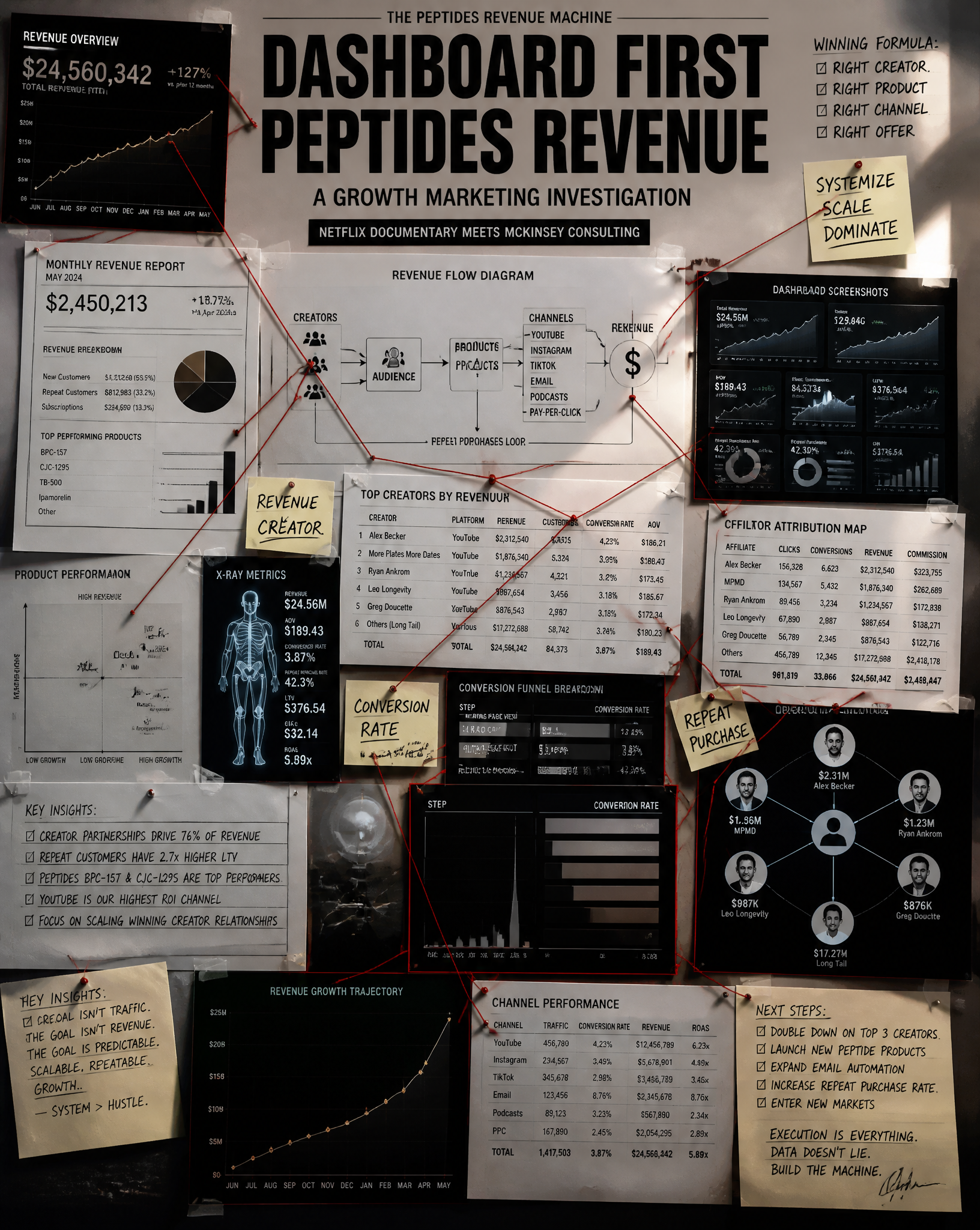 Create a documentary style growth marketing investigation board.Theme:The Peptides Revenu…