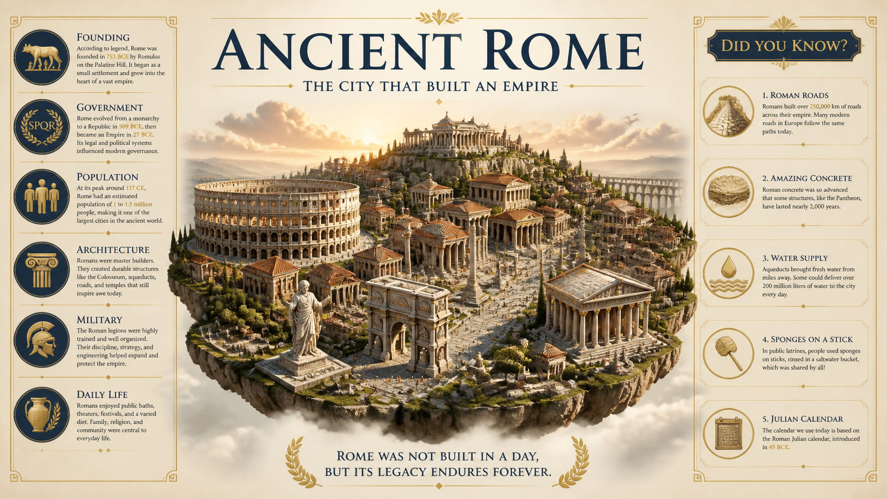 PROMPT:A premium editorial infographic poster in 16:9 horizontal format about Ancient Rom…