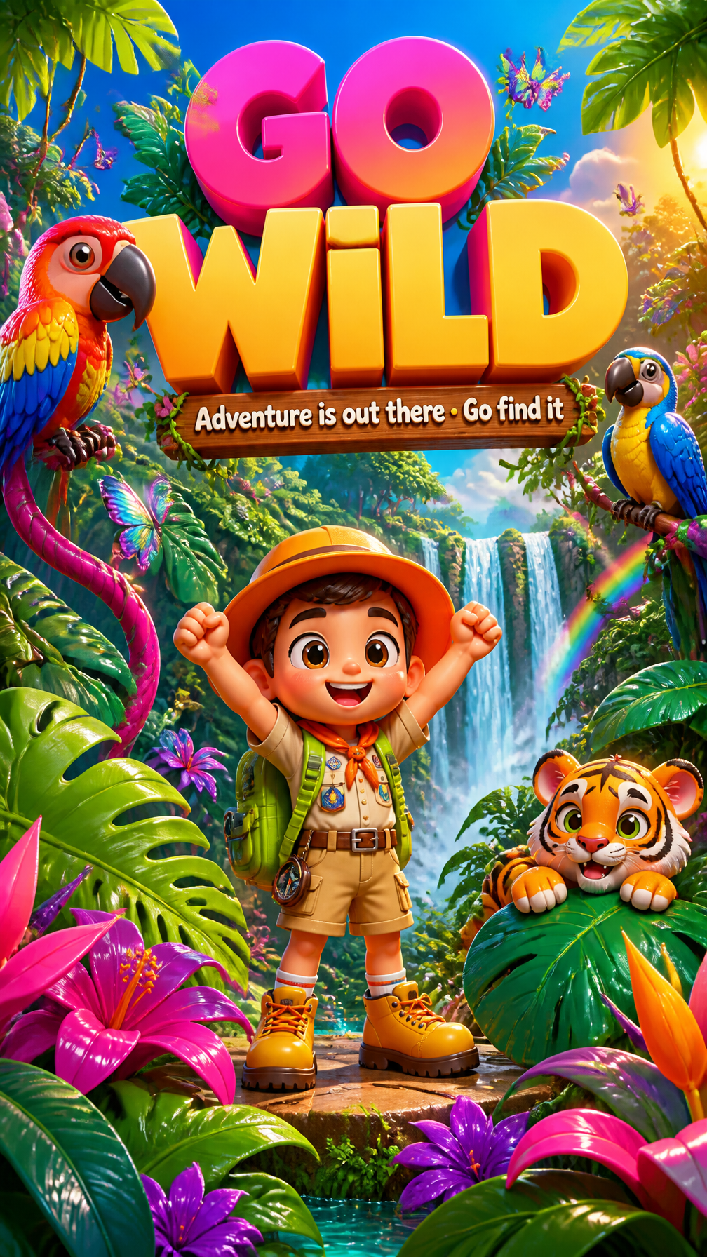 PROMPT:A wildly colorful and adventurous vertical poster bursting with tropical jungle en…