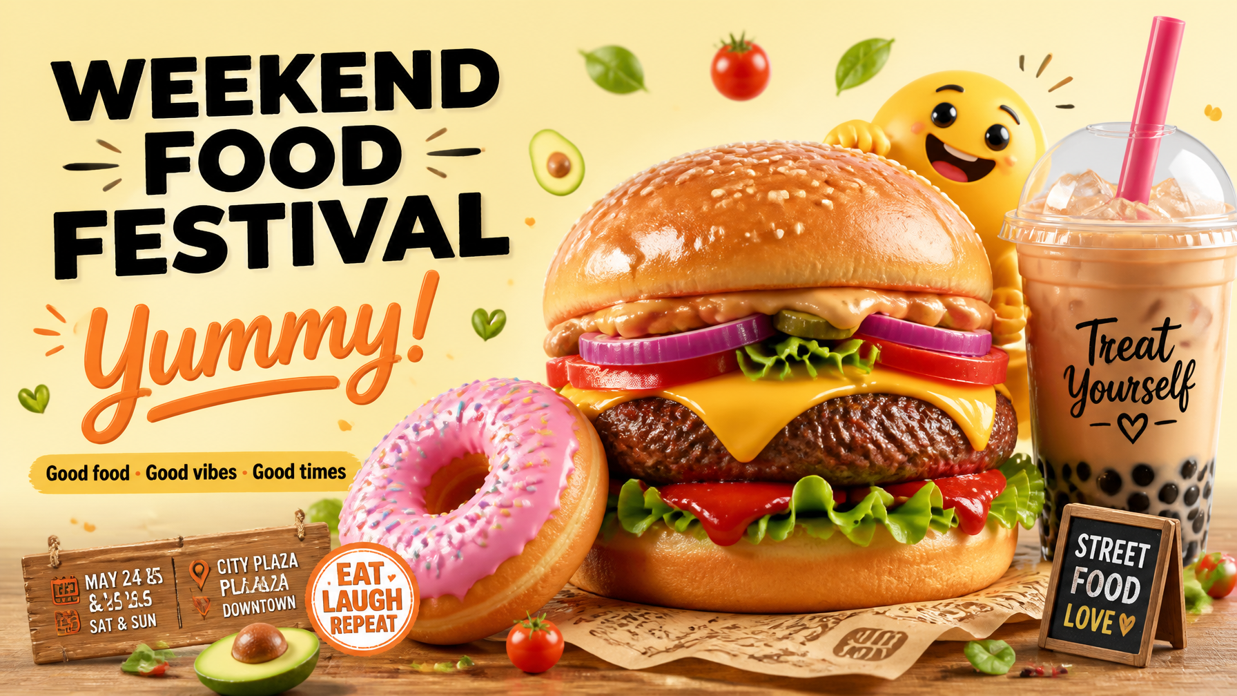 PROMPT:A joyful and mouth-watering horizontal social media banner for a street food festi…