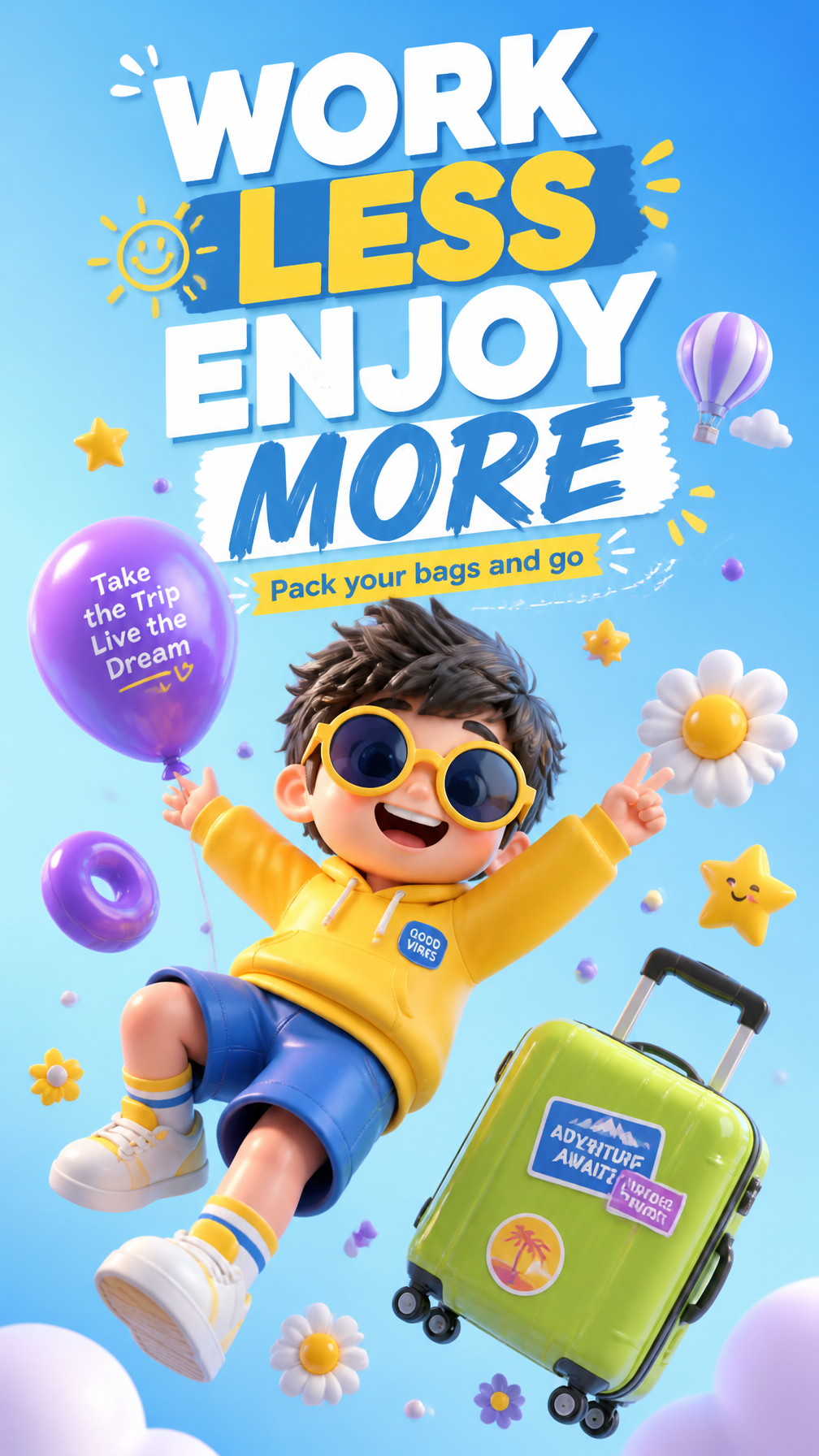 PROMPT:A vibrant and energetic vertical social media poster featuring a cute 3D cartoon c…