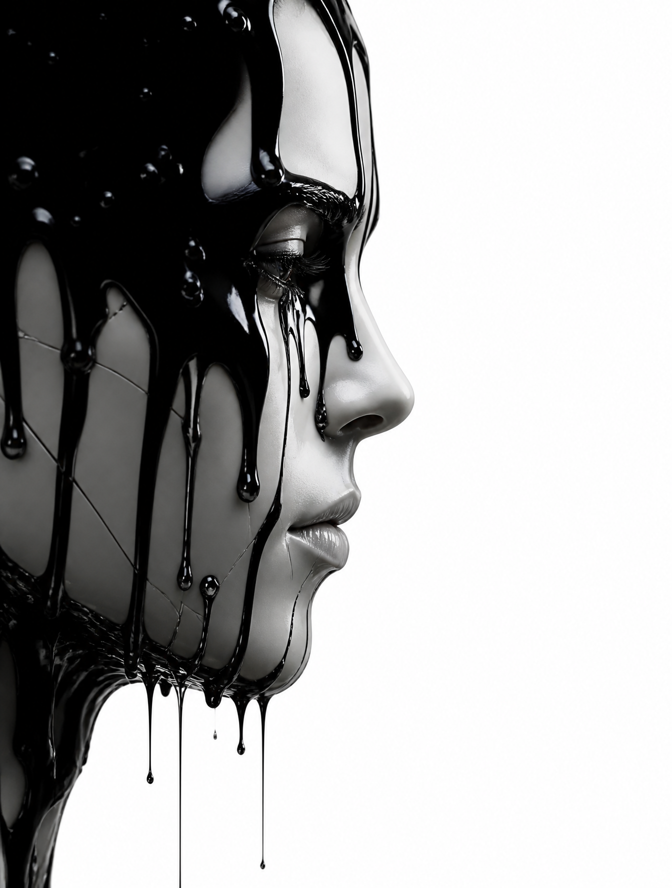 A minimalist profile of a male humanoid robot face emerges from a stark white void, parti…