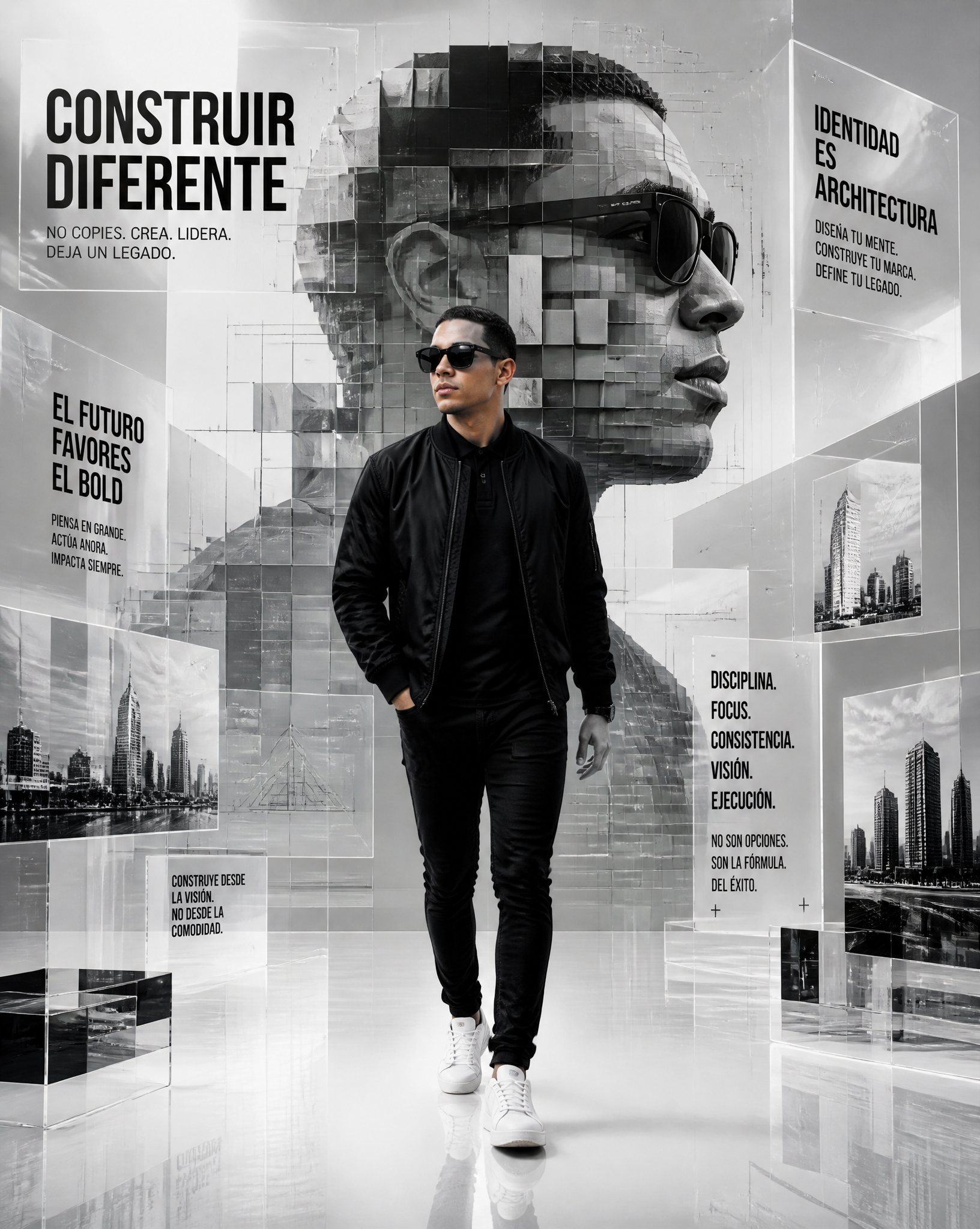 Una obra de arte digital motivacional monocromática futurista que presenta a un hombre (a…