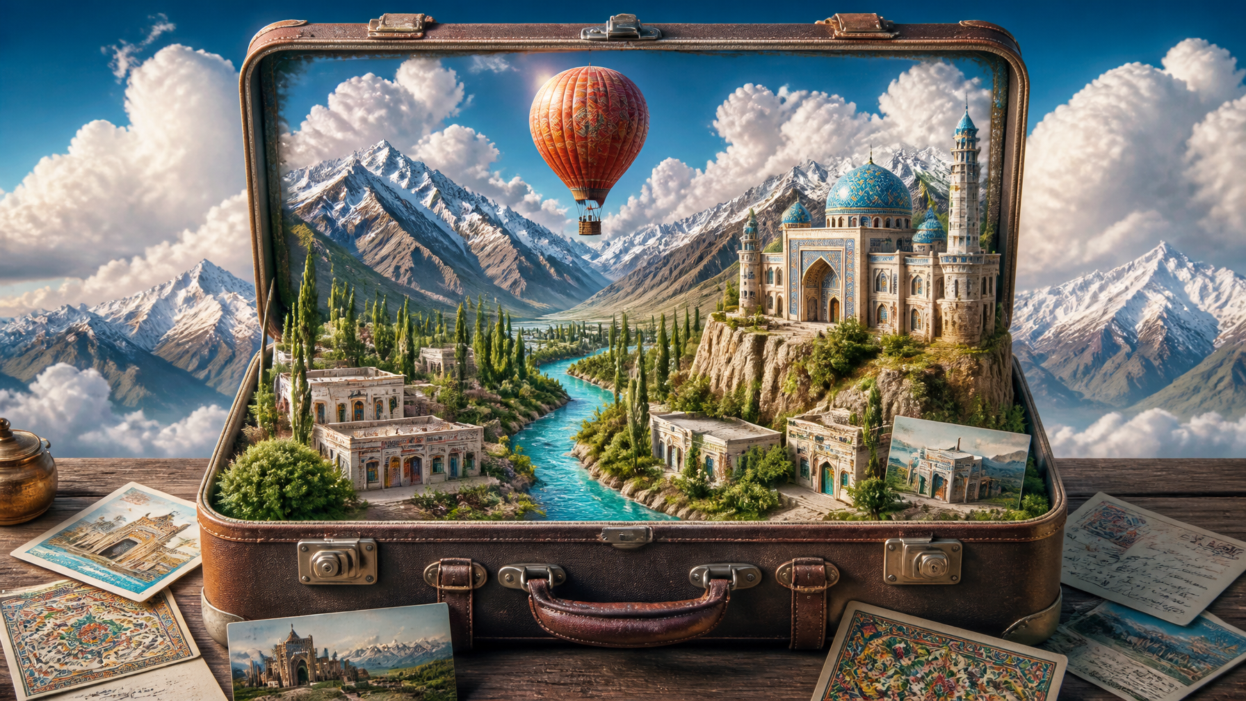 vertical hyperrealistic fantasy miniature scene, fully open vintage brown leather antique…