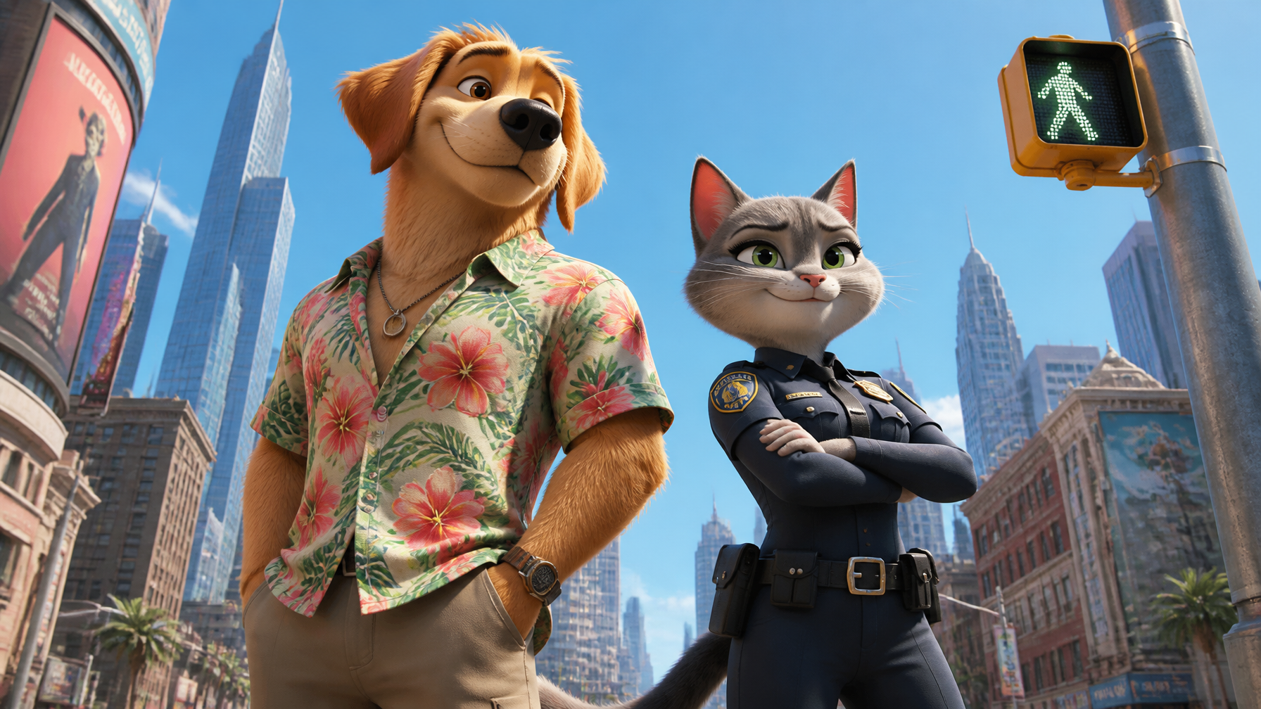 An anthropomorphic male dog and female cat duo stand confidently in the foreground, rende…