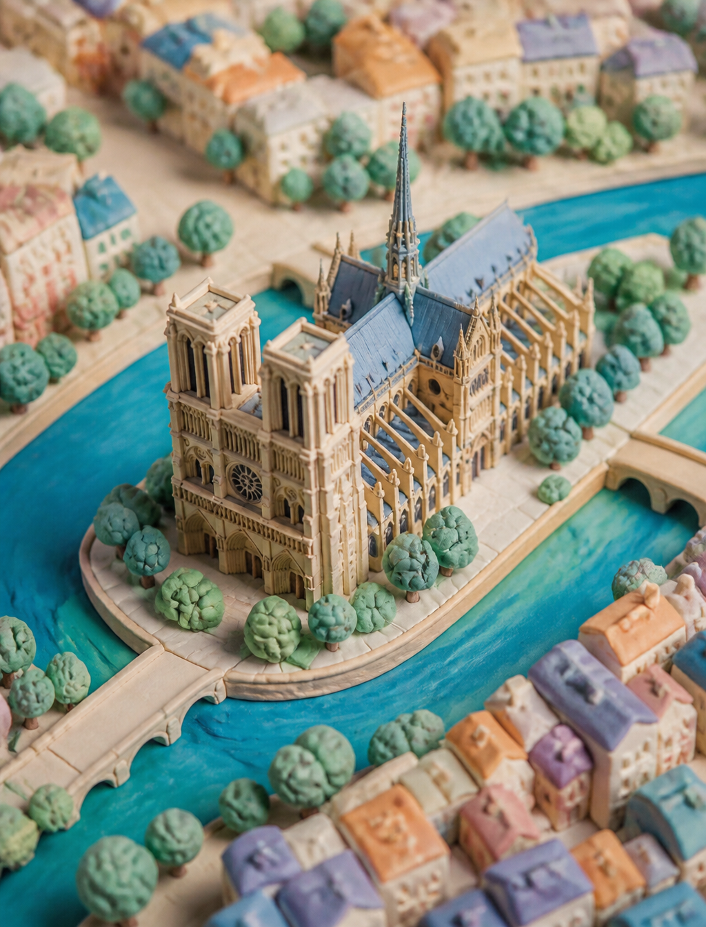 3d Notre dome cathedral made of plasticine, bird eye view with a 35mm pastel clay landsca…