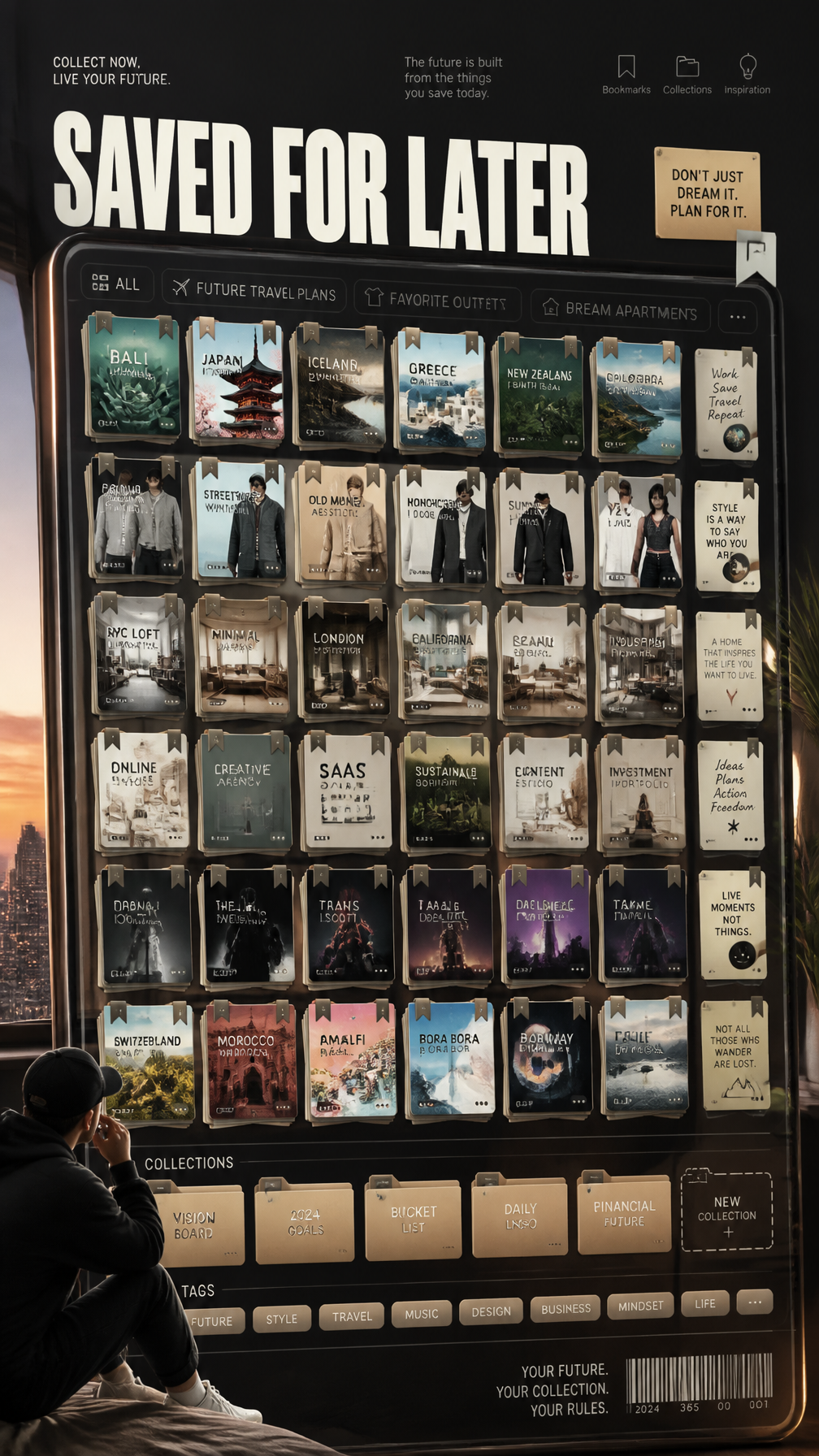 A premium 9:16 youth-culture editorial poster.Main Subject:A giant saved-items collection…
