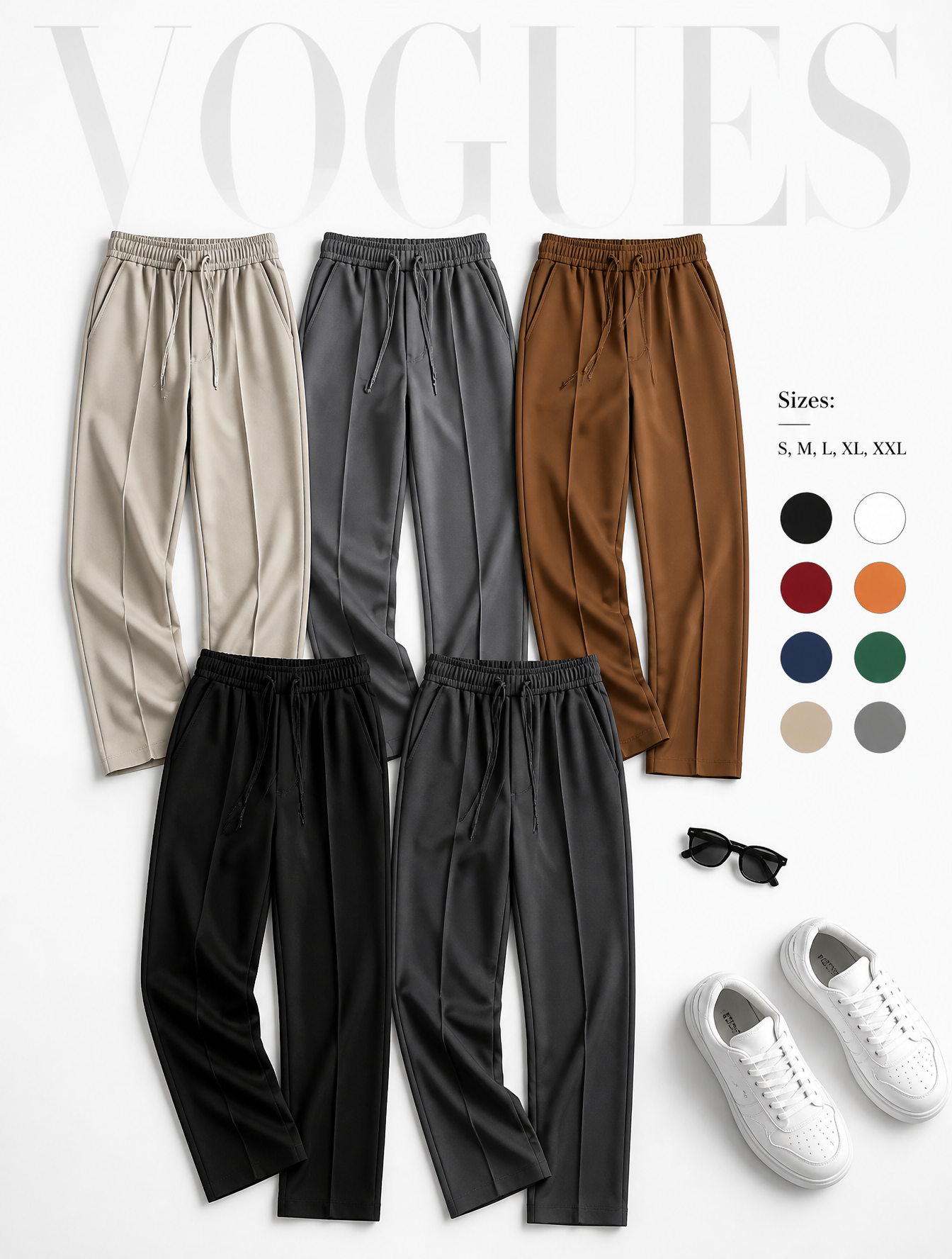 Create a premium fashion catalog flat lay on a clean soft white studio background.