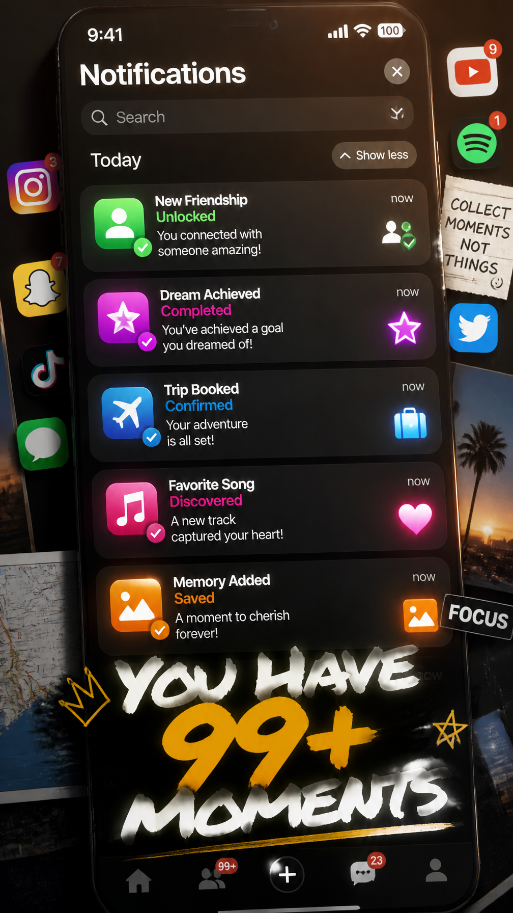 A premium 9:16 youth-culture poster.Main Subject:A giant realistic notifications panel fi…