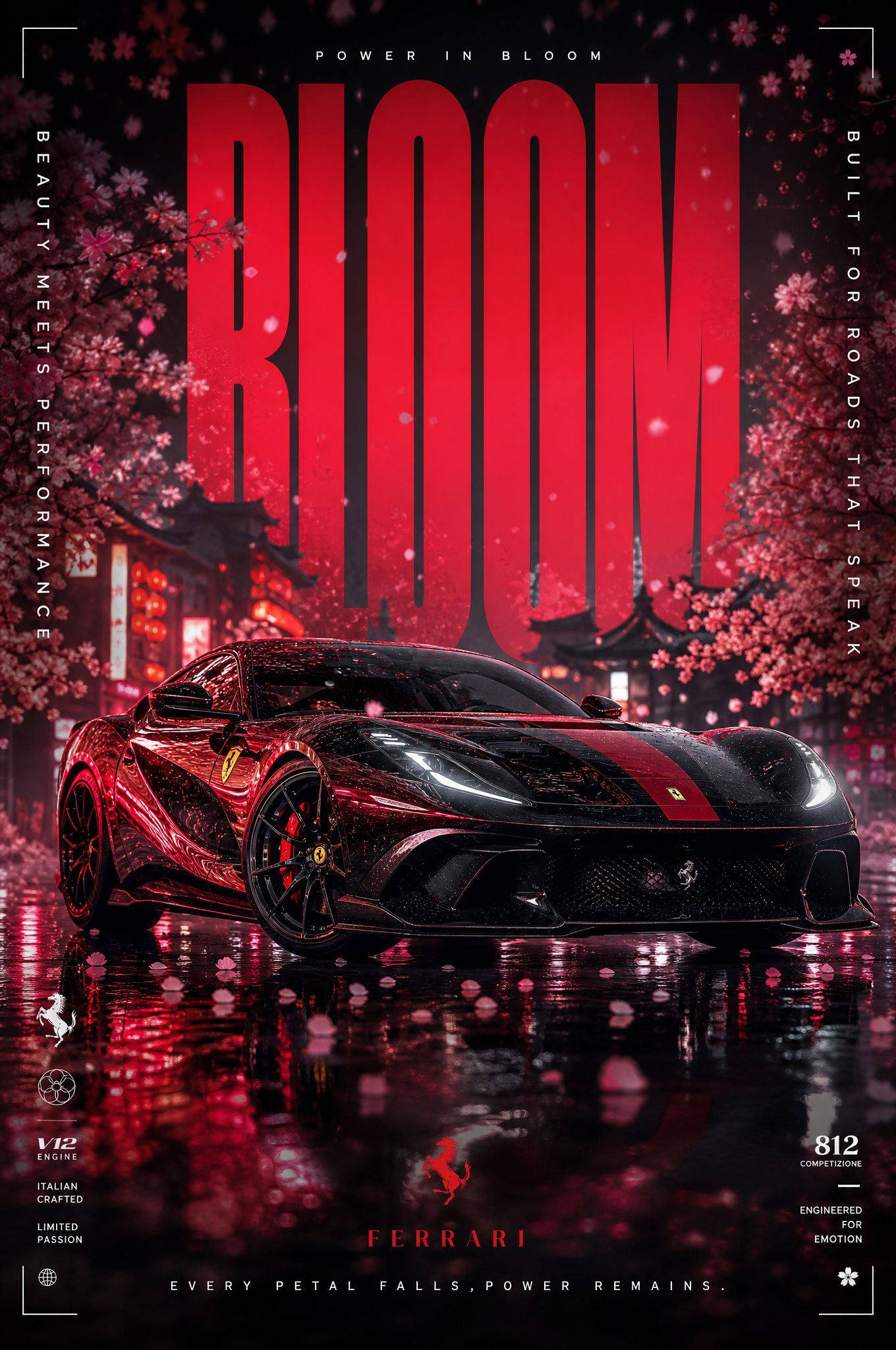 Ultra-premium cinematic automotive advertising poster, featuring a sleek exotic supercar …