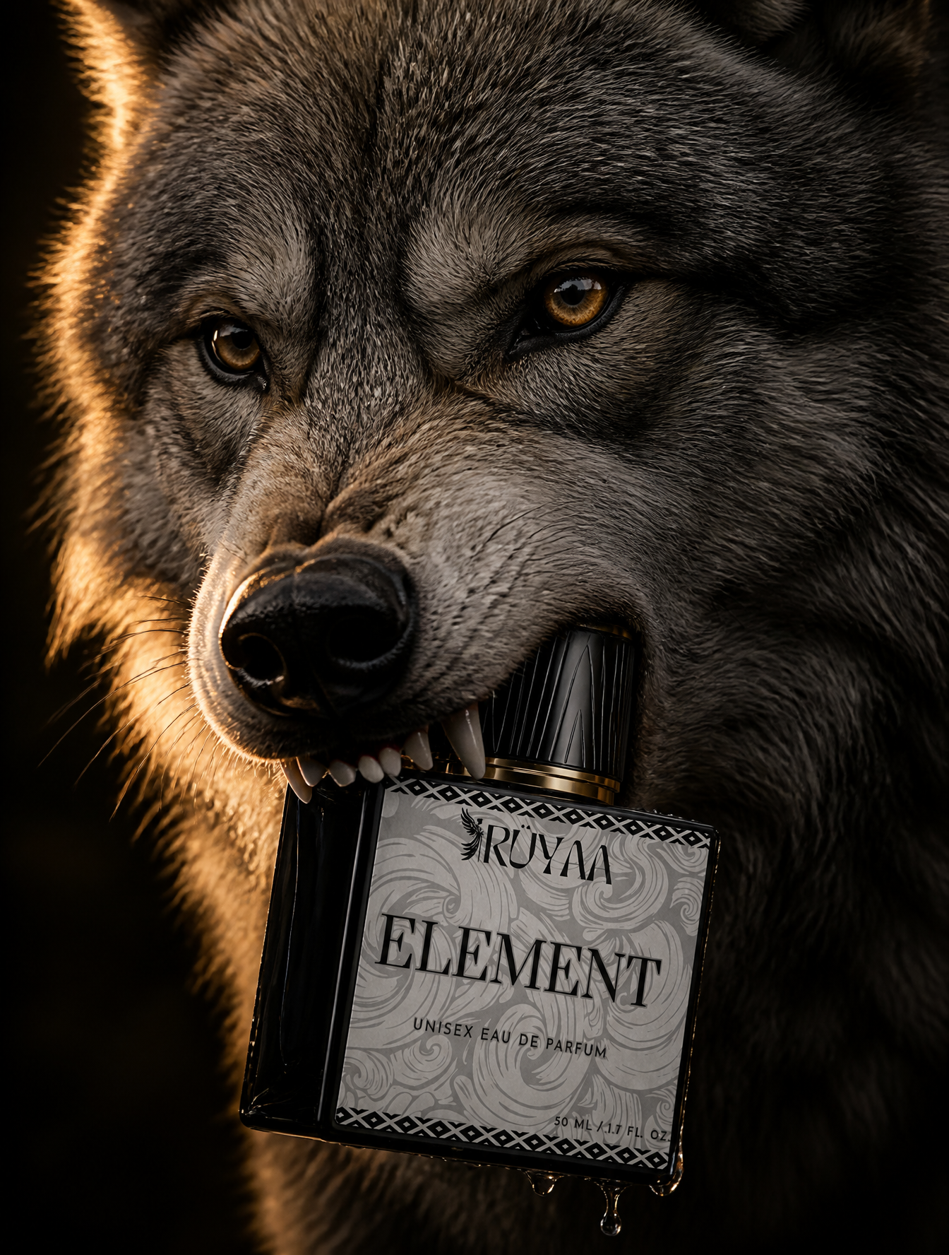 A grey wolf holds a bottle firmly in its jaws, its sharp teeth pressing against the smoot…