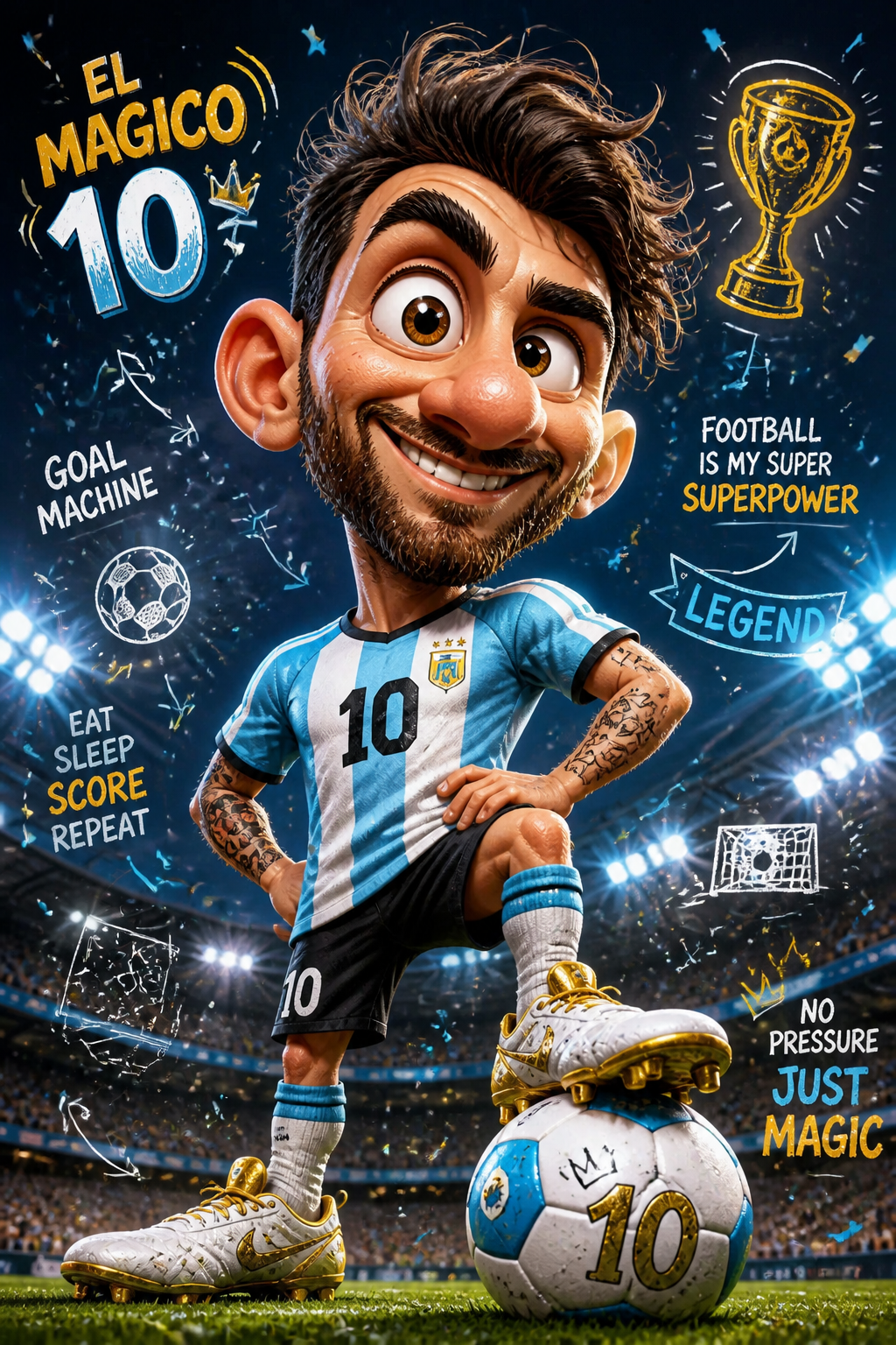 A hilarious original cartoon football superstar character, full body caricature with a gi…