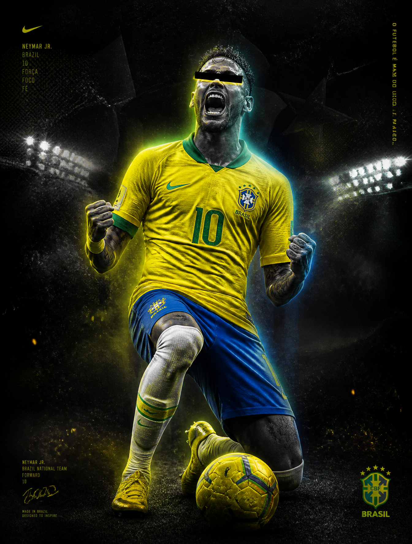 Ultra-stylized Neymar Jr. football poster, dark cinematic sports artwork, premium editori…