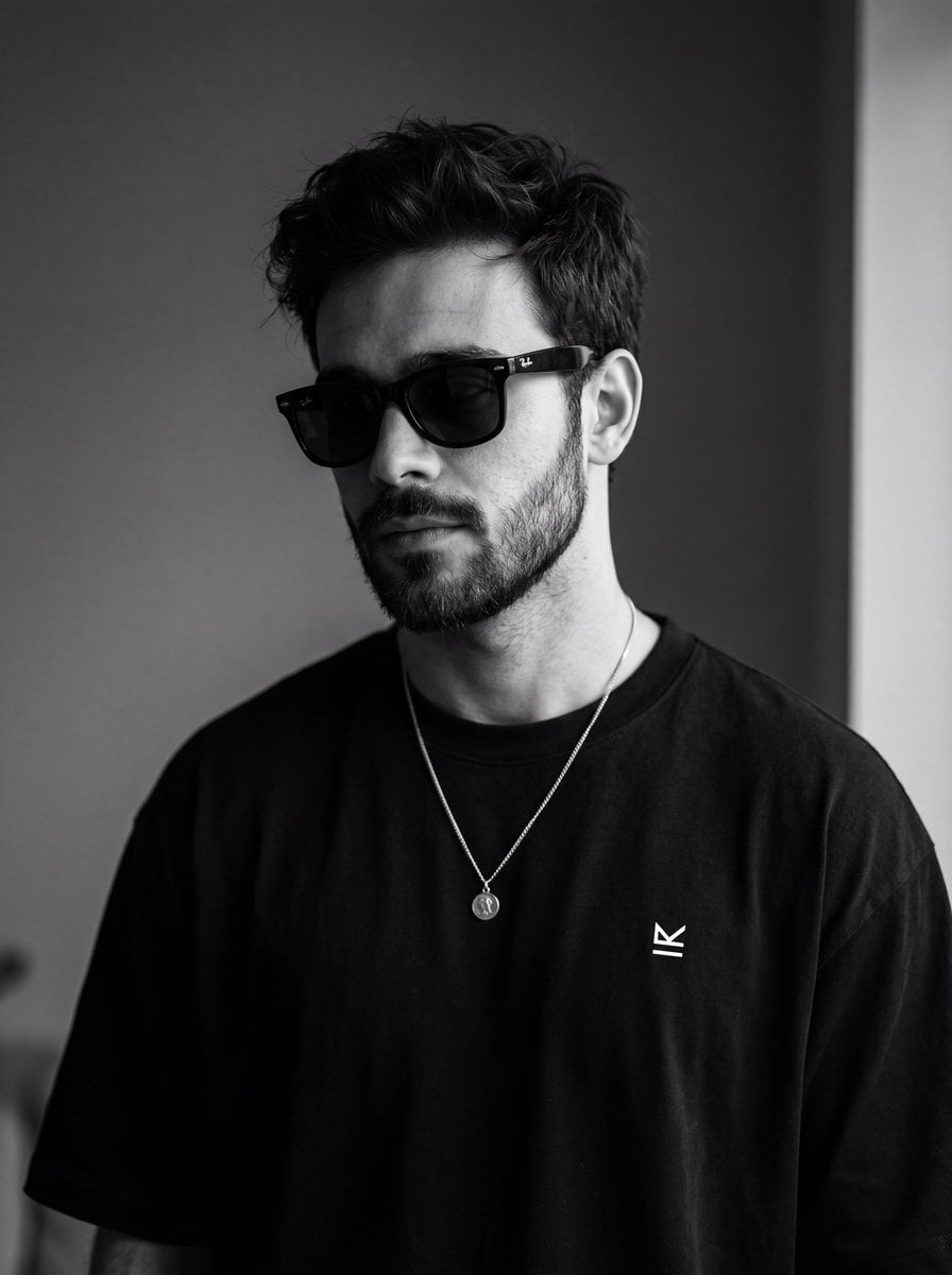 Ultra-realistic monochrome portrait of a young man wearing black wayfarer sunglasses, mes…