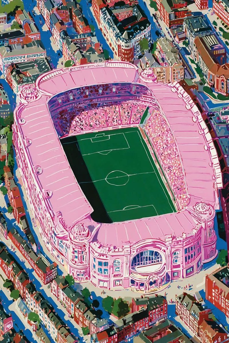 Dreamlike football-inspired surrealist illustration, massive pink football stadium rising…