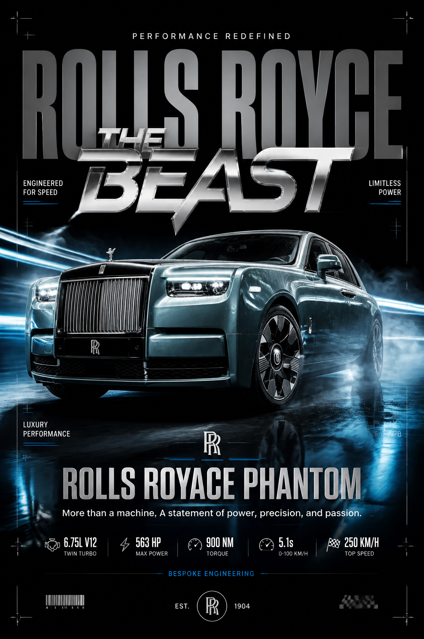 Ultra-premium automotive advertising poster on a dark cinematic background. A breathtakin…