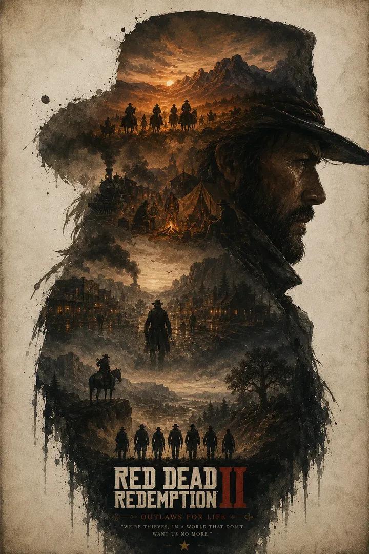 Masterpiece double exposure poster, rugged wild west cowboy in side profile wearing a bla…