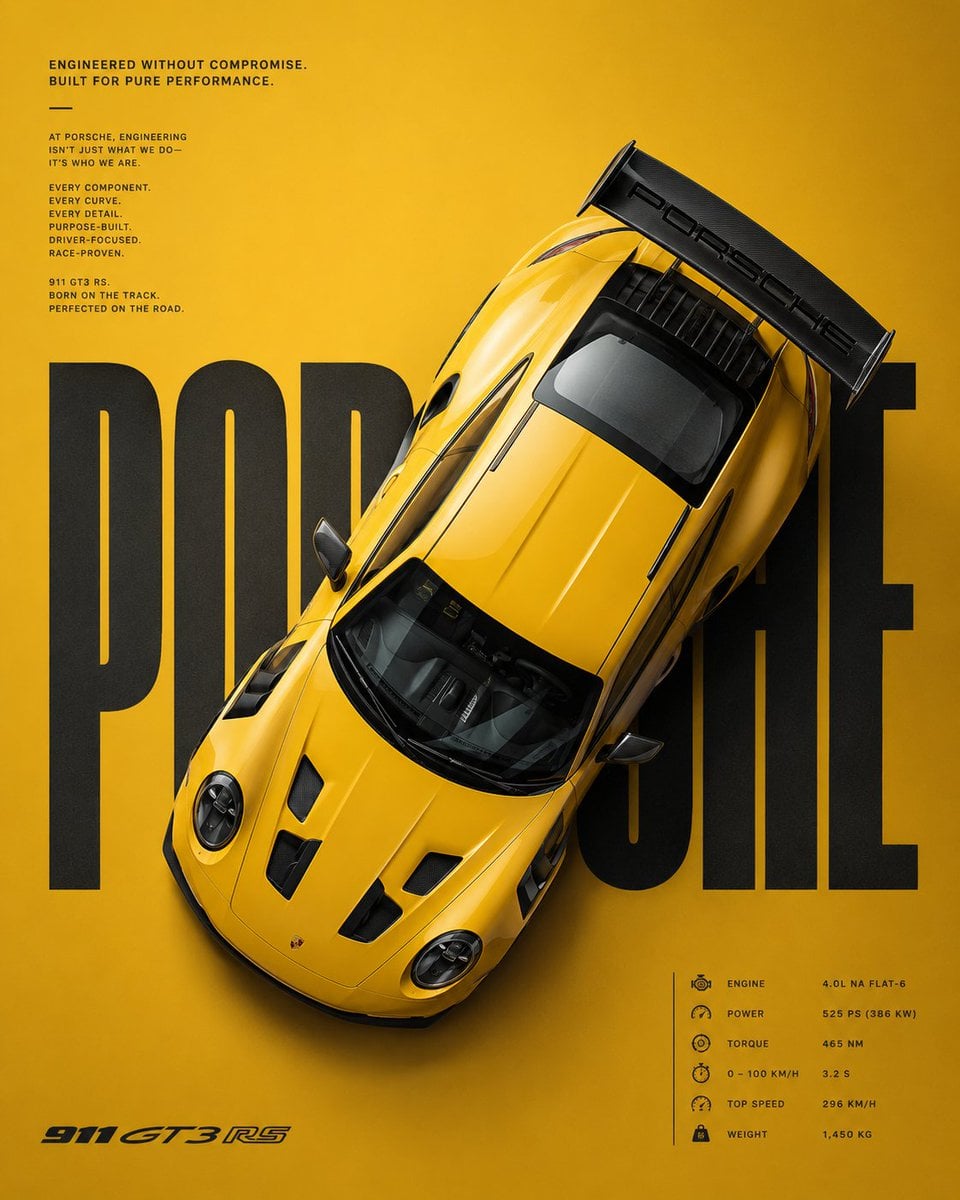 Create a premium automotive advertising poster with a bold minimalist editorial design. A…