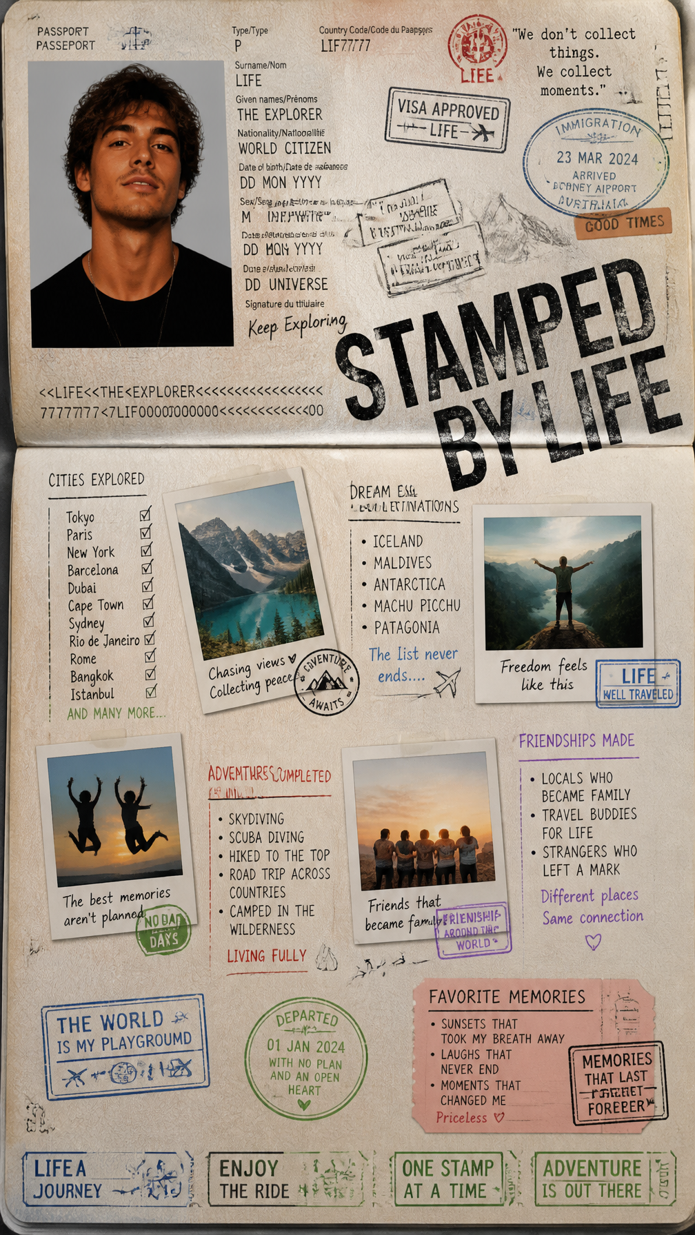 A premium 9:16 travel advertising poster.Main Subject:A giant realistic passport page fil…