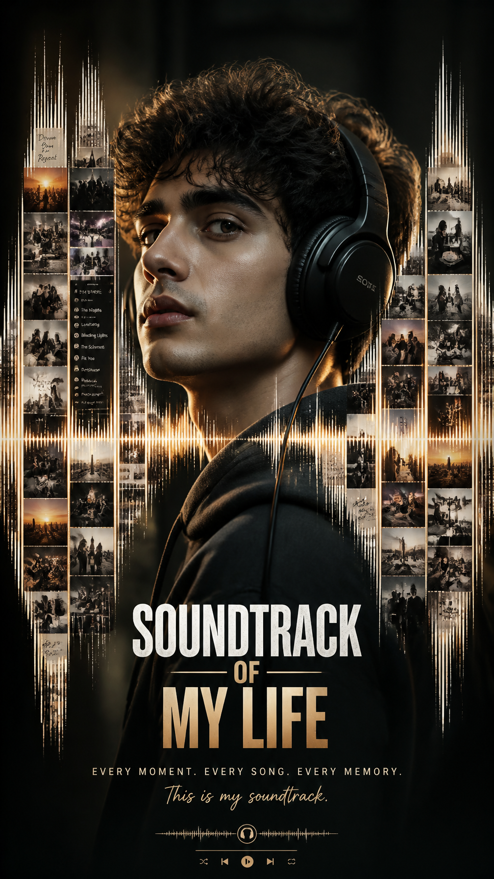A premium 9:16 audio advertising poster.Main Subject: