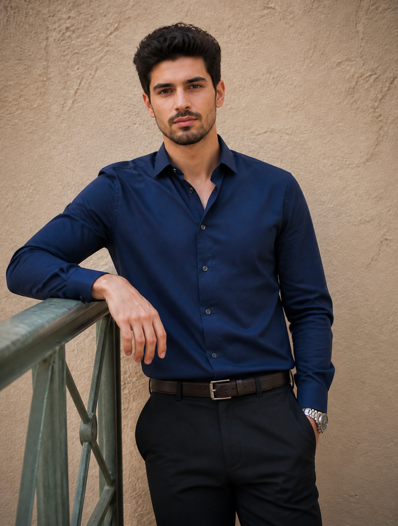 A young man with dark, styled hair and light stubble stands in a relaxed, confident pose,…