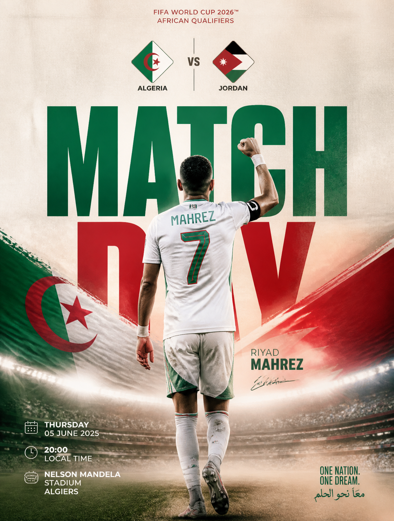 Ultra-realistic football match day poster design,ryad mahrez seen from the back wearing a…
