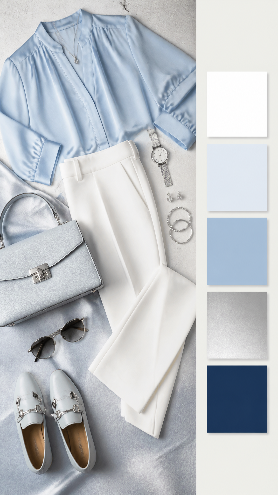 Professional luxury flat lay fashion photography, top-down view, vertical 9:16 compositio…
