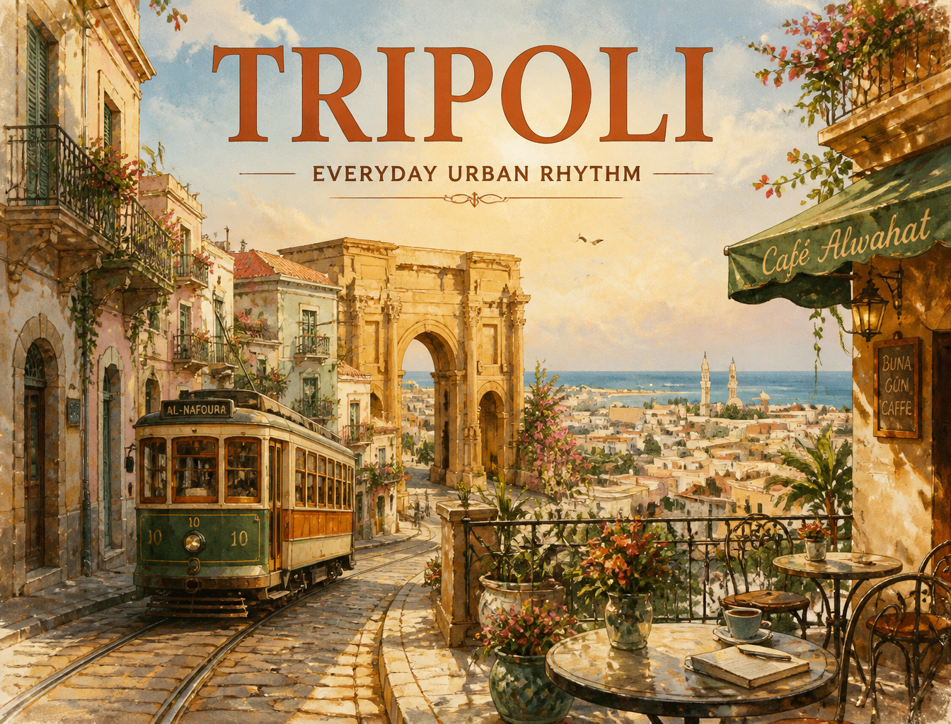 Dreamy vintage travel poster illustration of [CITY NAME], featuring the iconic [ICONIC TR…