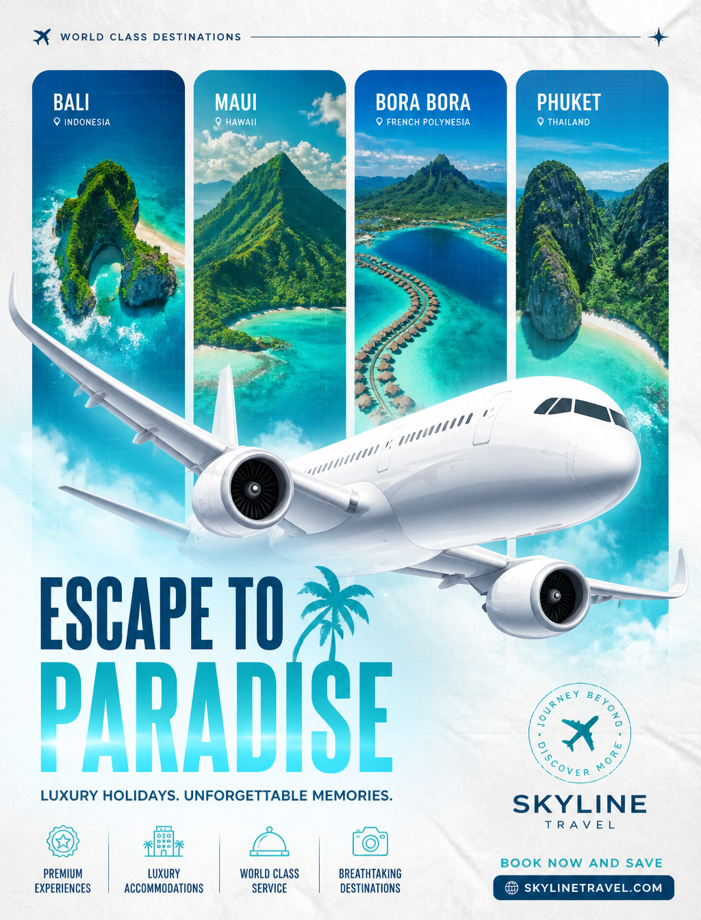 A high-gloss travel promotion poster features a sleek, white commercial passenger jet ban…