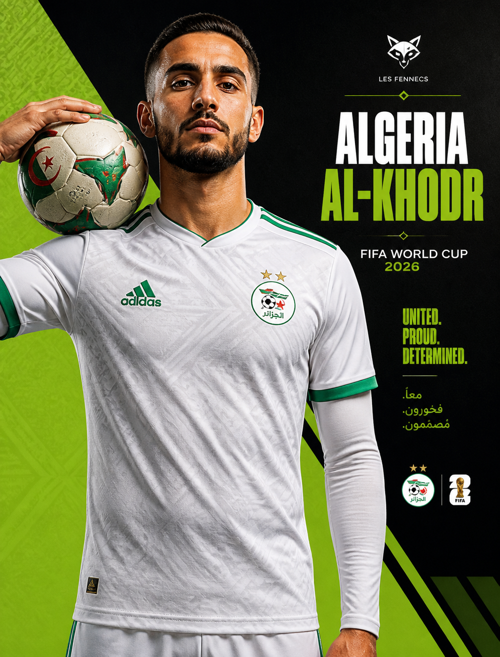 A professional male soccer player representing Algeria (Les Fennecs) stands centered in a…