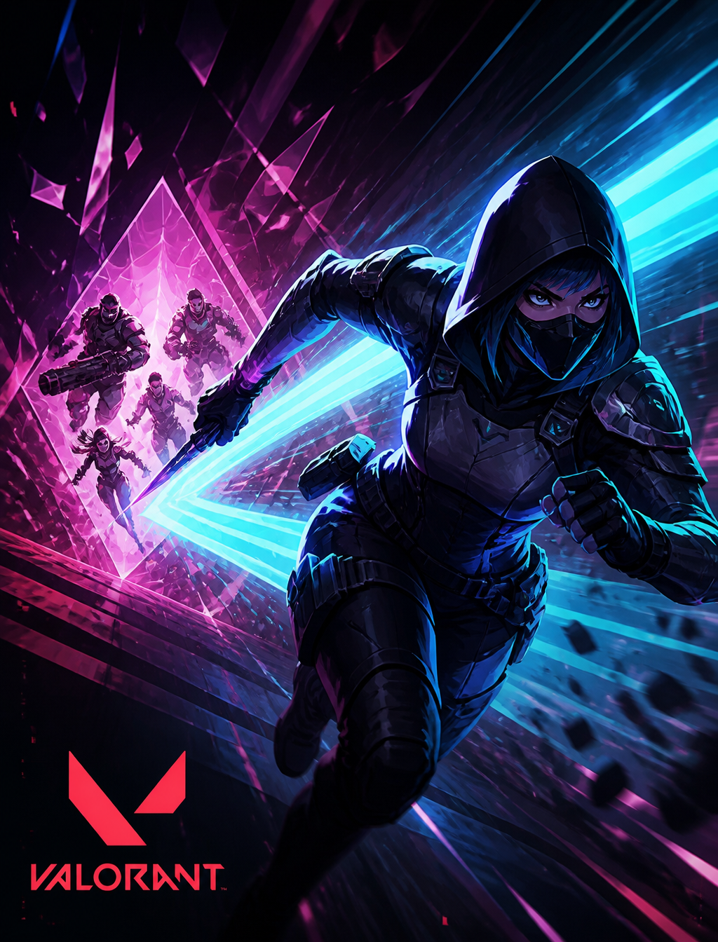 A stylized, dynamic action illustration features a female agent sprinting forward, her bo…