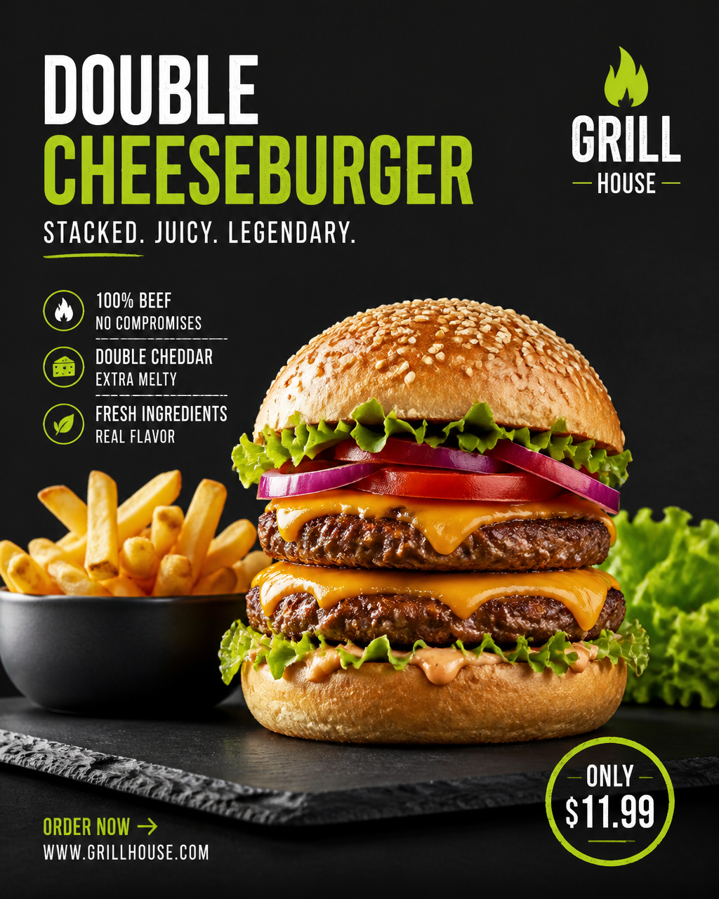 A professional food advertisement features a double-patty cheeseburger centered on a matt…