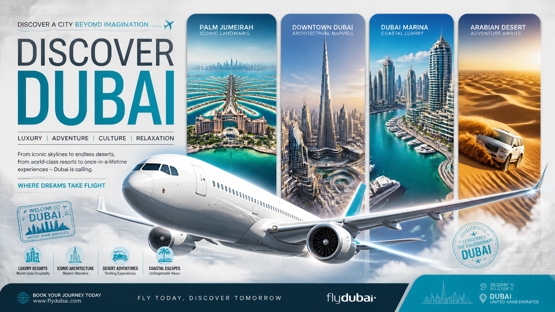 A high-gloss luxury travel promotion poster for Dubai features a sleek white commercial p…