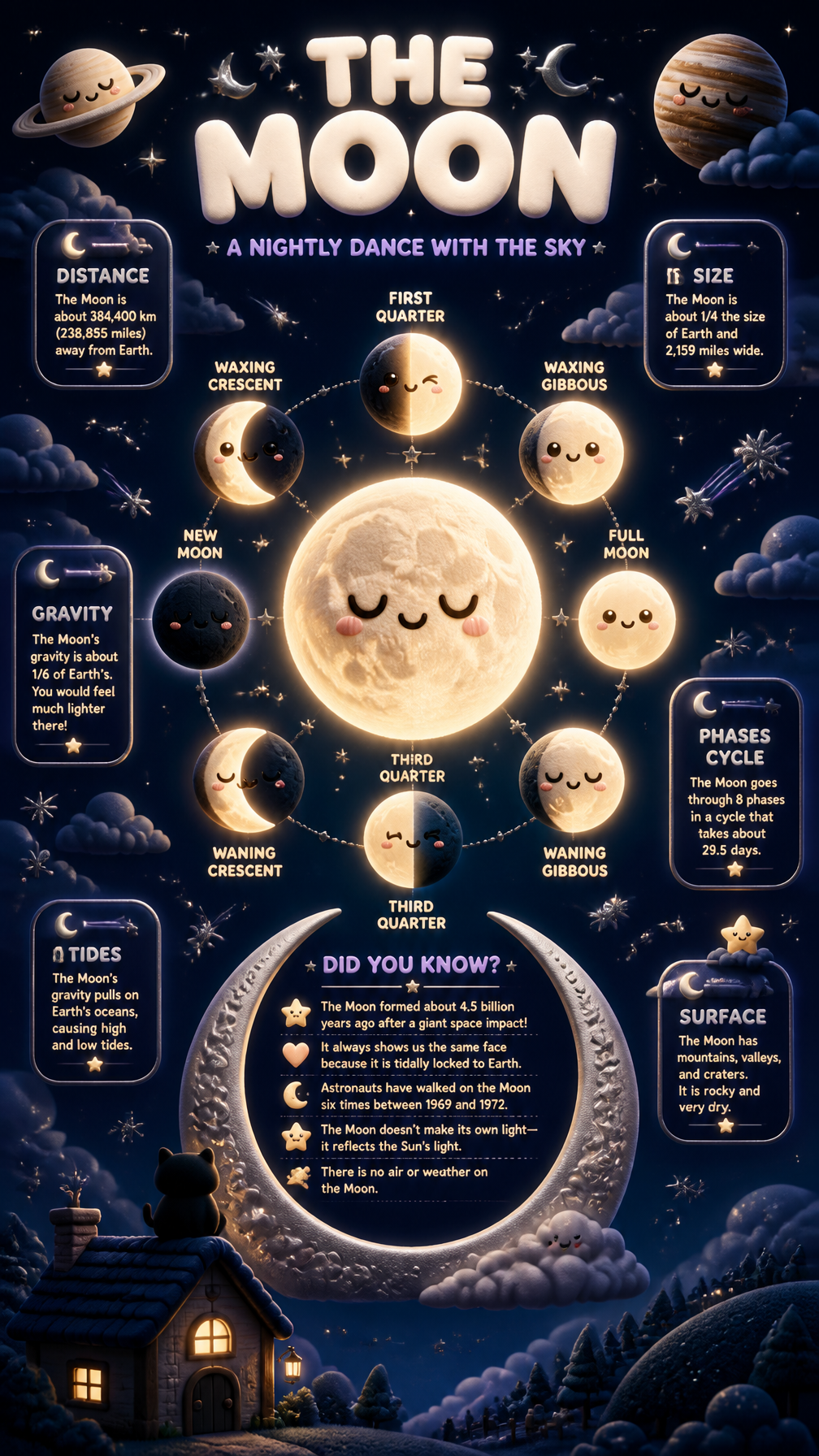 PROMPT:A magical vertical infographic poster in 9:16 format about the moon and its phases…