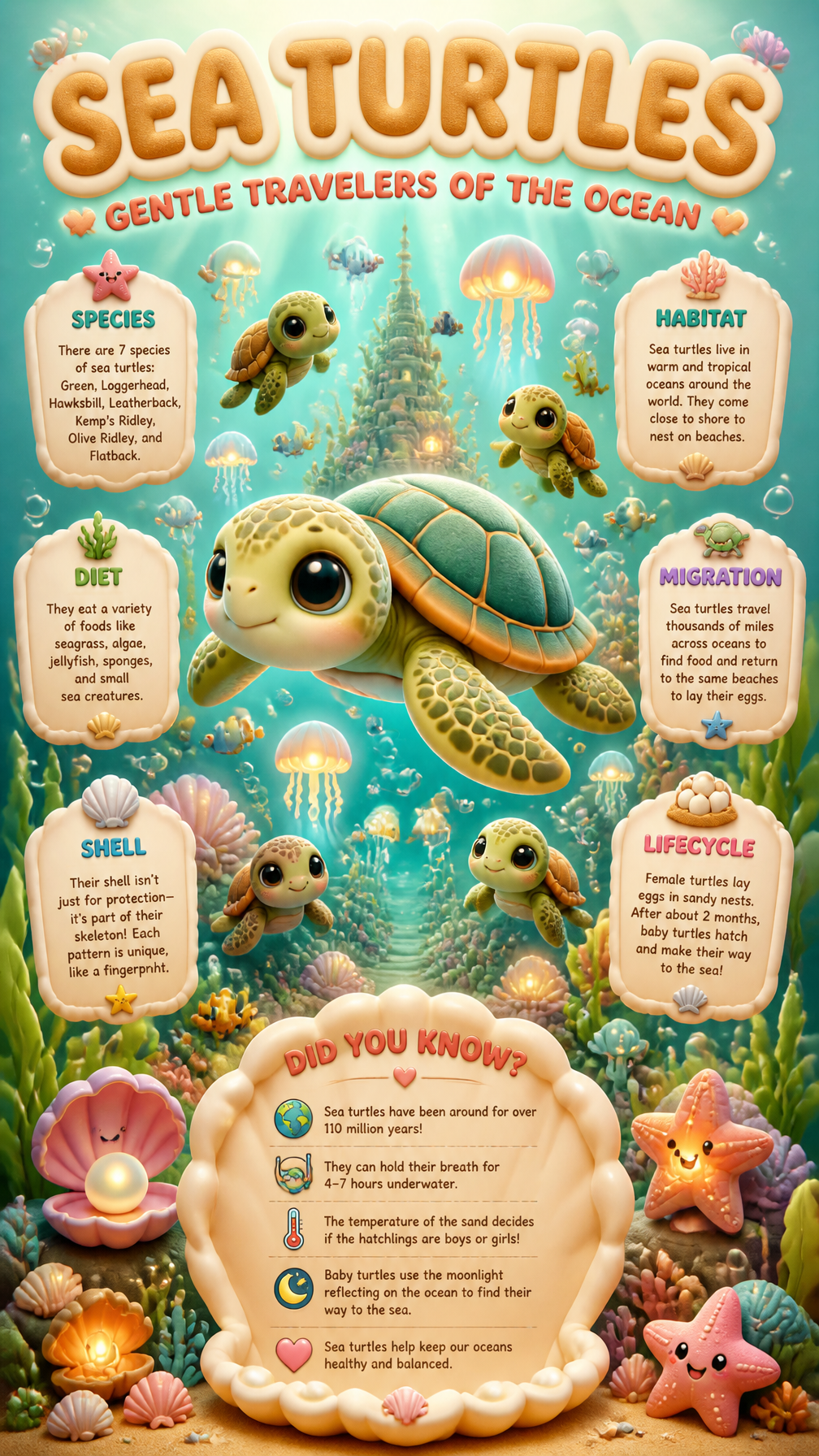 PROMPT:A magical vertical infographic poster in 9:16 format about sea turtles, designed i…