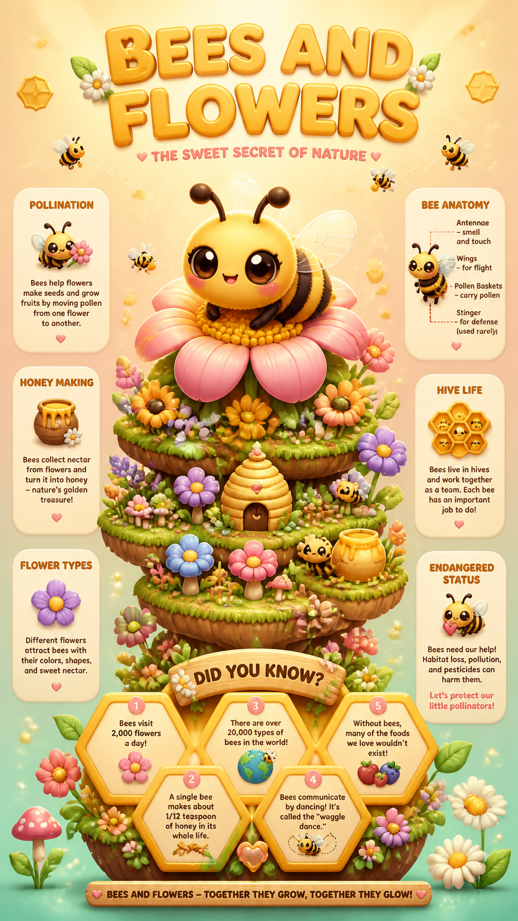 PROMPT:A delightfully warm and cozy vertical infographic poster in 9:16 format about bees…