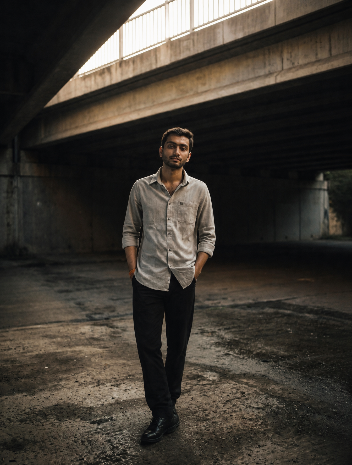 A moody, urban portrait of me standing under a desolate concrete overpass, the harsh arch…
