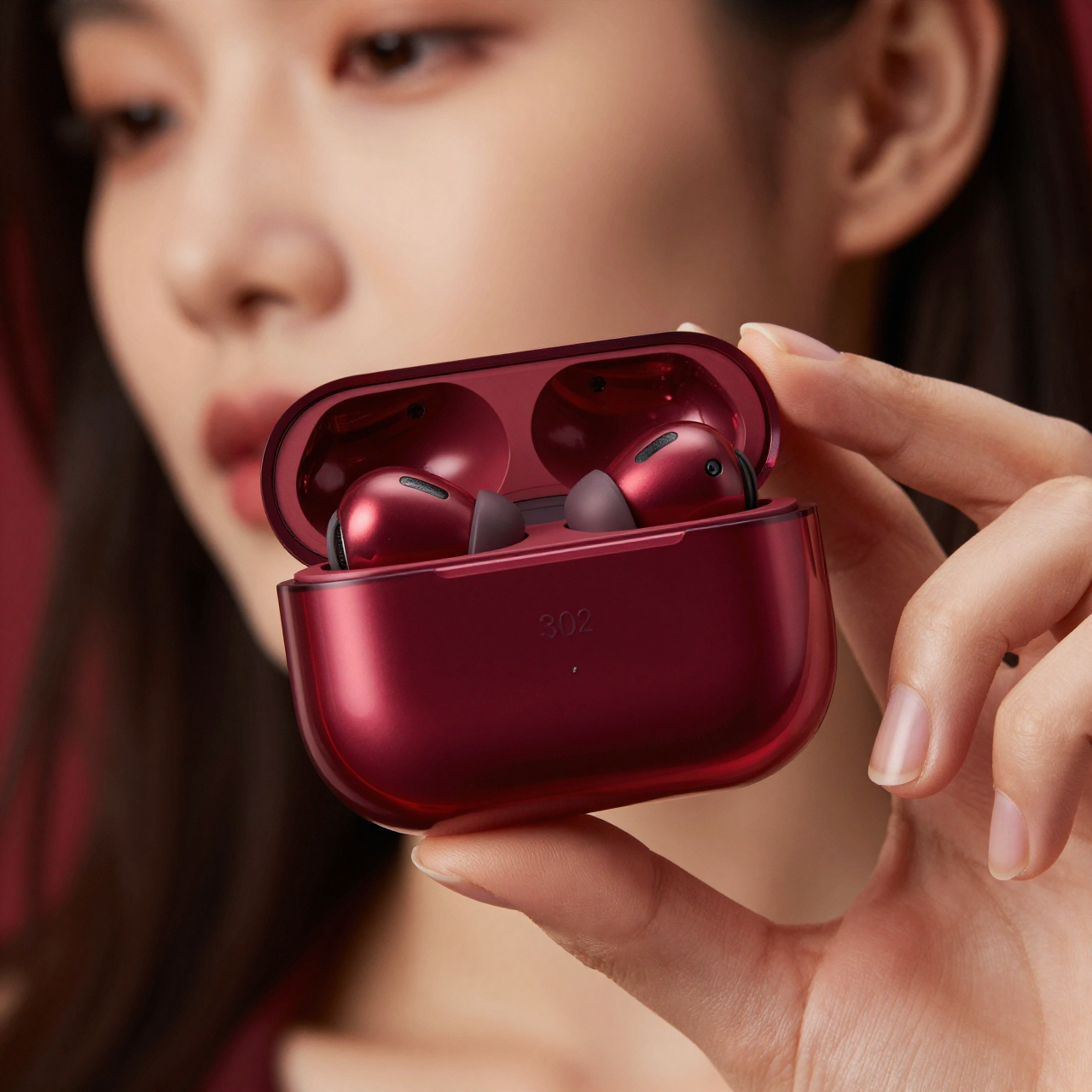 A close-up product shot features a person’s hand delicately holding a transparent, maroon…