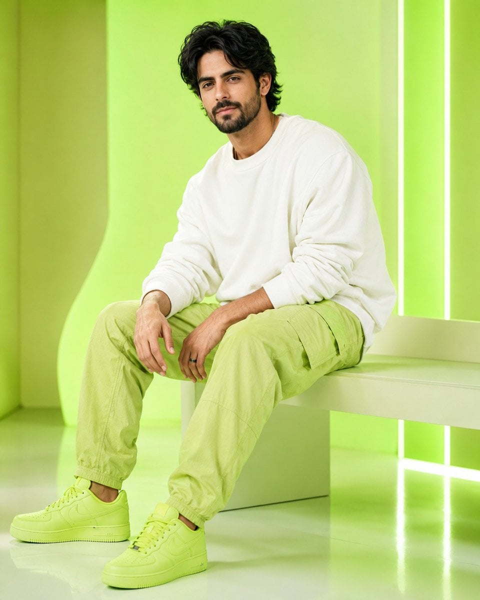 Ultra-realistic fair handsome young Indian man sitting on a modern minimalist bench, whit…