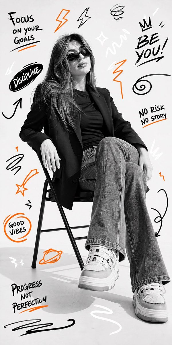 Ultra-realistic black and white studio portrait, person is sitting on a simple folding ch…