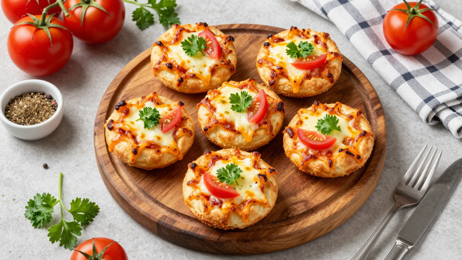 Prompt:Generate an image of five golden-baked mini pizza bites arranged on a round rustic…