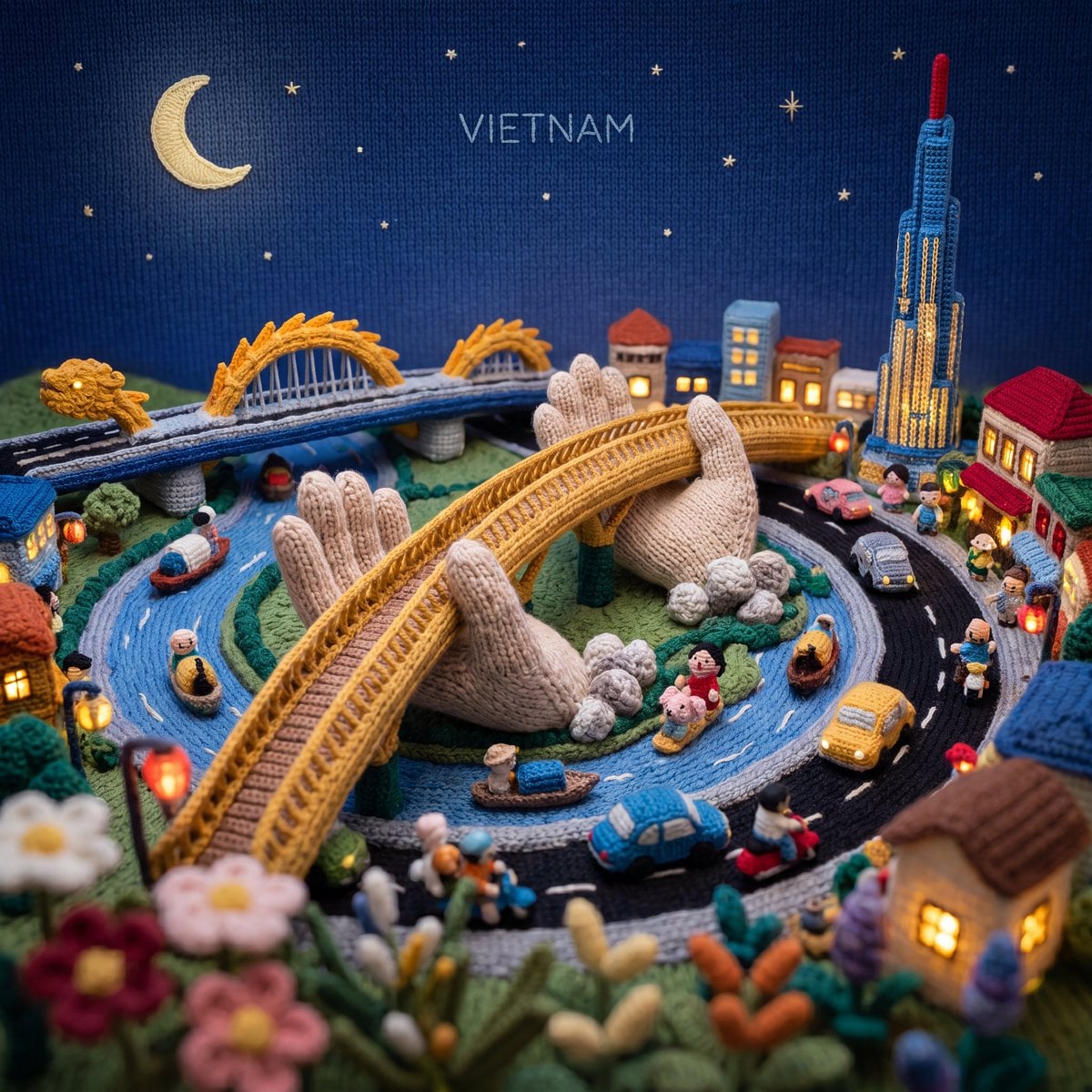 “Vertical composition, 1080x1080. A miniature [City] made entirely in knitted yarn-art st…