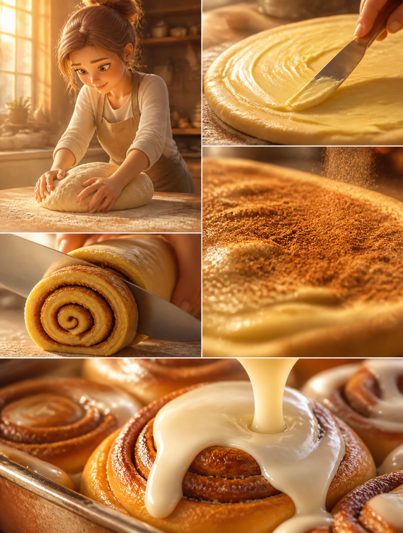 A young female baker with a gentle expression kneads soft dough in a sun-drenched, rustic…