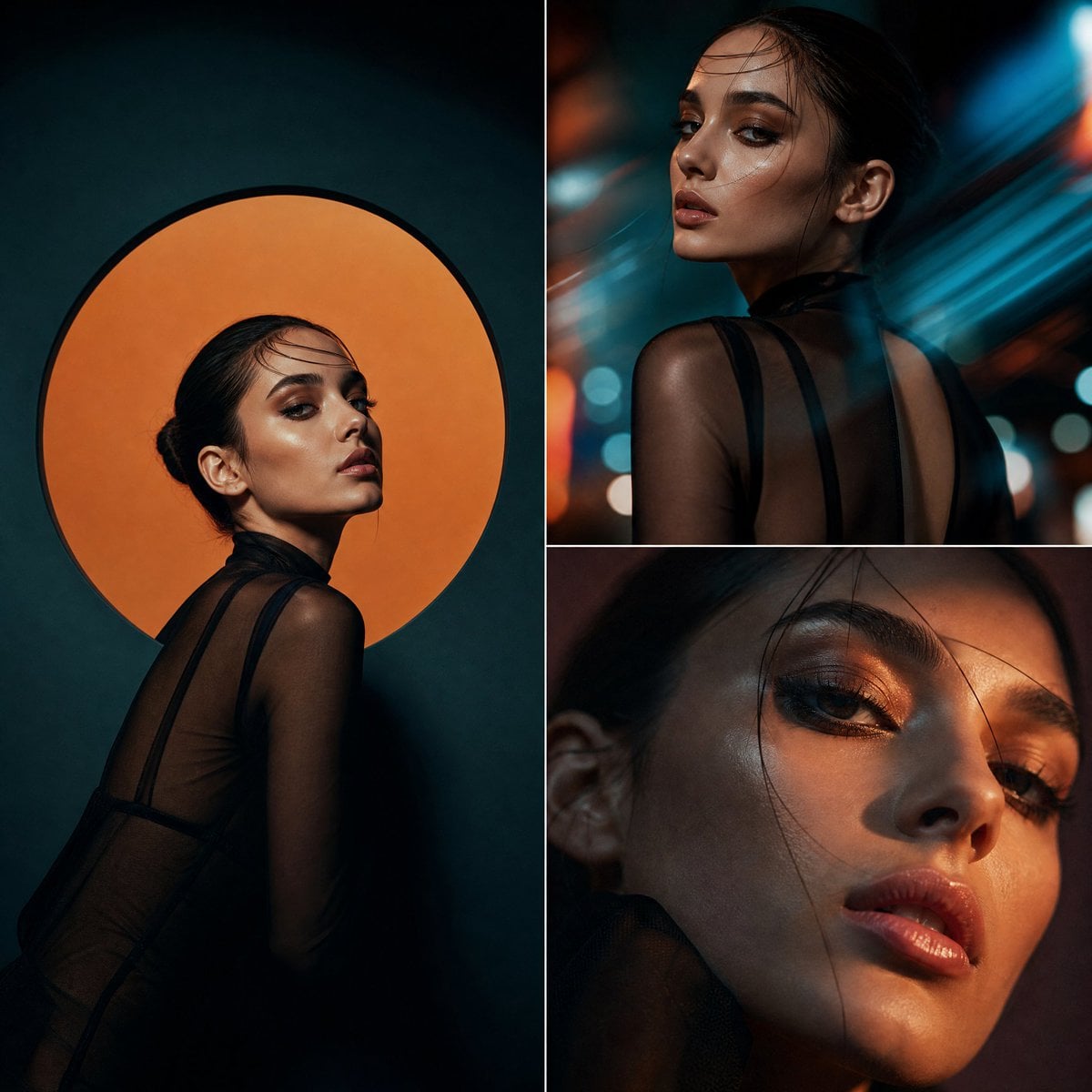 Cinematic hybrid fashion editorial combining studio and abstract street aesthetic in a 1:…